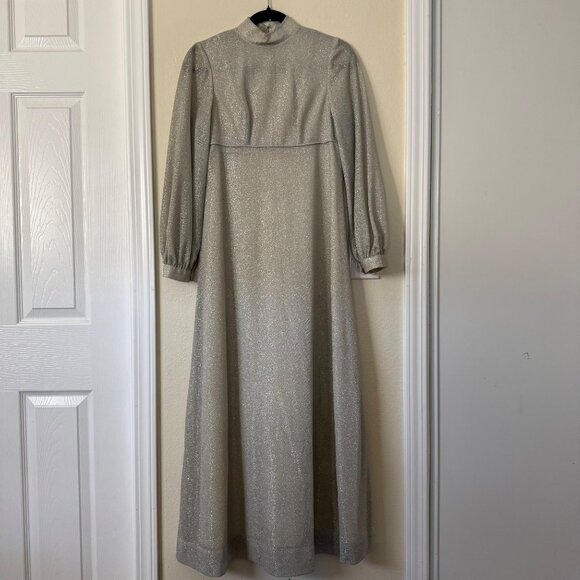 Vintage Long Silver Glitter Maxi Dress W/ High Neck & Balloon Sleeves Sz S/M - Picture 1 of 8